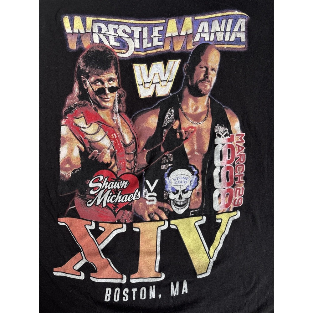 WWE Unisex L Retro WrestleMania XIV‎ Boston MA Stone Cold Shawn Michaels T-Shirt